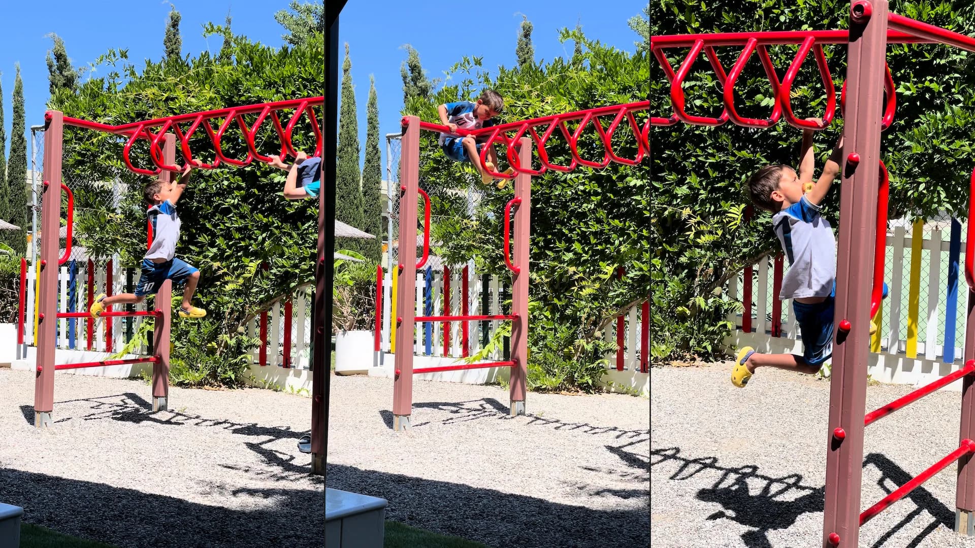 Aleks demonstrating his strength and energy on the monkey bars, showing how active and healthy he remained despite his diagnosis